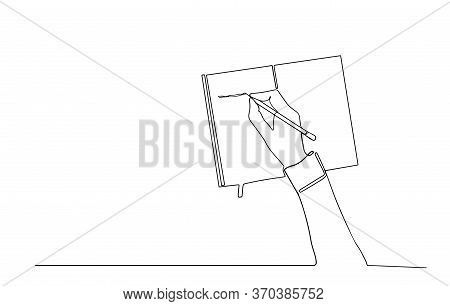 Vector Illustration. One Hand Lies On Top Of The Notebook Continuous Line Illustration. On The Other