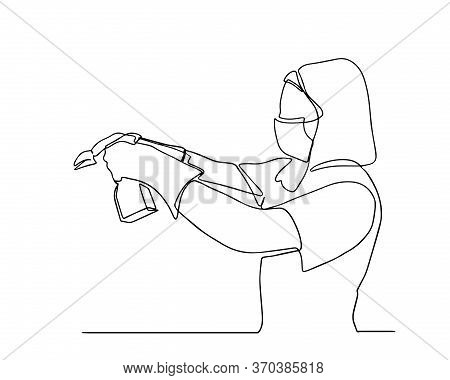 A Cleaning Lady In A Mask. Continuous Line Young Woman With A Puffer And A Rag In Her Hands. The Con
