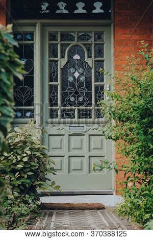 London, Uk - May 26, 2020:traditional Stained Glass Front Door Of An Edwardian House In London, Sele