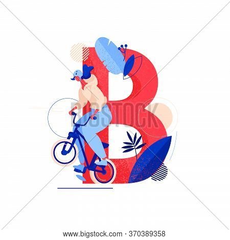Vector Concept Letter B With Young Girl On Bmx Bike Jumping. Sport And Healthy Lifestyle Illustratio