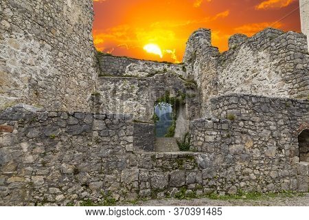 Ruined Fortress Wall With Loophole Against The Sky.  Gallenstein Castle. Municipality Of Sankt Galle