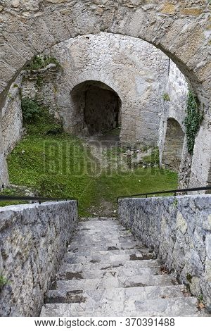 Old Medieval Ruined Gallenstein Castle. Arched Vaults And Stone Staircase In The Citadel. Municipali