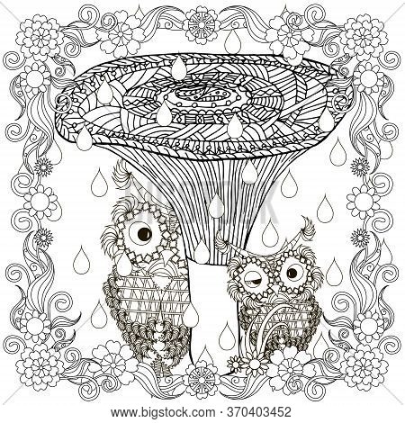 Stylized Monochrome Owl Cuple Is Hiding Under Mushroom From The Rain In Flower Frame, Doodle Style A