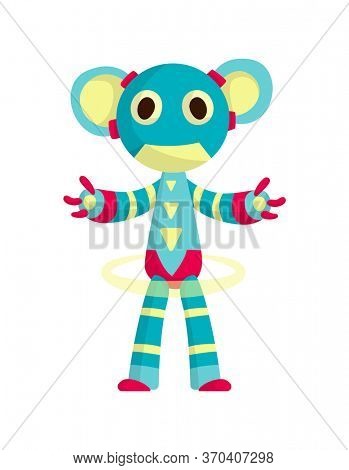 Funny cartoon robot. Cute retro robot. Robotic for children. Friendly android robot character with arms. Toy character future artificial robotics machine cyborg illustration