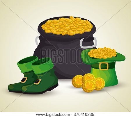 St Patrick Cauldron With Gol Coins And Hat With Boots Vector Illustration