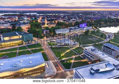 Aerial View Of Park In Central Helsinki, Finland. In Picture Toollonlahden Park, Finlandia Hall, Lib