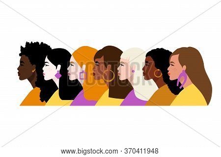Stop Racism. Black Lives Matter, We Are Equal. Flat Style. Women. Different Skin Colors. Vector Illu