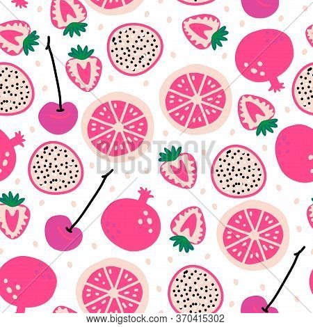 Seamless Pattern With Fruits: Pitaya, Cherry, Strawberries, Grapefruit, Pomegranate. Cute Vector Pin