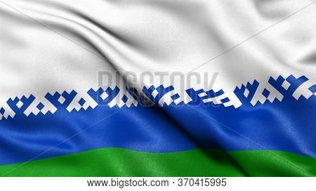 Flag of Nenets Autonomous Okrug waving in the wind. 3D illustration.