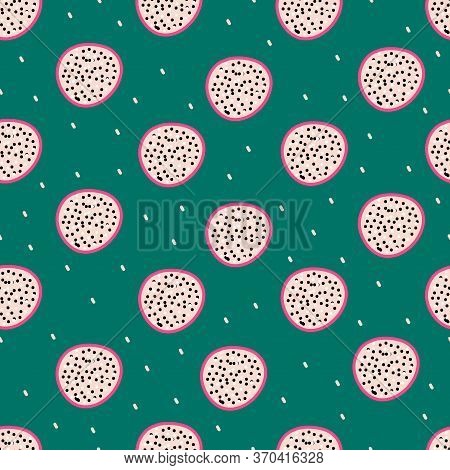 Seamless Vector Pattern With Dragon Fruit Pitaya On A Green Background. Modern Concept For Fabric An