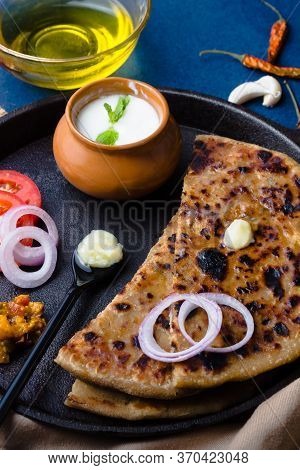 Aloo Paratha / Indian Potato Stuffed Wheat Bread Served With Ghee (indian Butter), Curd & Pickle, To