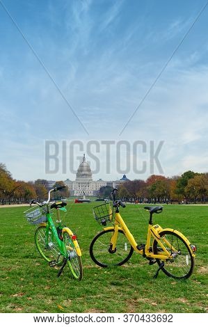 Washington, D.c., Usa - November 12, 2017: Two Bicycles, Parts Of The Dockless Bike-sharing System, 