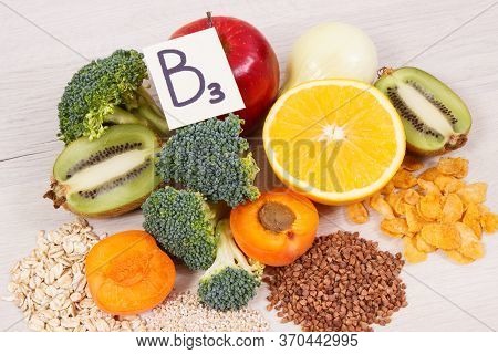 Nutritious Different Natural Products And Ingredients Containing Vitamin Pp, B3, Dietary Fiber And M