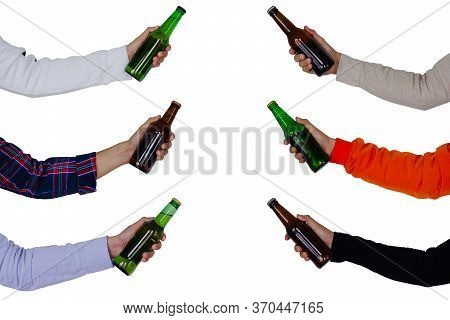 Hand Holding Bottles Of Beer Isolated On White Background For International Beer Day Concept.