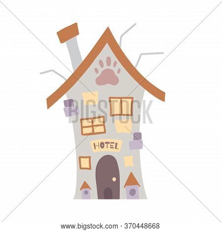 Hotel For Pets. Home For Homeless Animals. Flat Cartoon House With A Doghouse On A White Background.