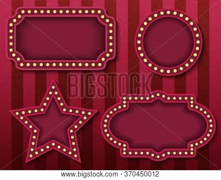 Circus Signboards. Vector Stock Brightly Glowing Retro Cinema Neon Signs Banners. Circus Style Eveni