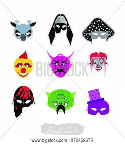Holidays And Celebrations, Illustration Set Of Clowns, Aliens And Evils Masks For Halloween Celebrat