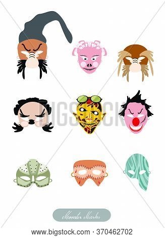 Holidays And Celebrations, Illustration Set Of Clowns, Aliens And Evils Masks For Halloween Celebrat