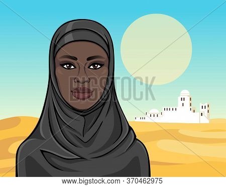 Animation Portrait Of The Beautiful  Black Woman In A Hijab. Color Drawing. Background - A Landscape
