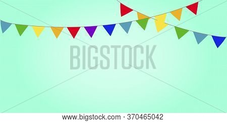 A Garland Of Flags And Pennants For A Party And Birthday. Carnival Hanging Chain On A Green Backgrou