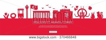 Welcome To Ankara, Turkey! Red City Silhouette And Famous Turkish Landmarks. City Skyline With Symbo
