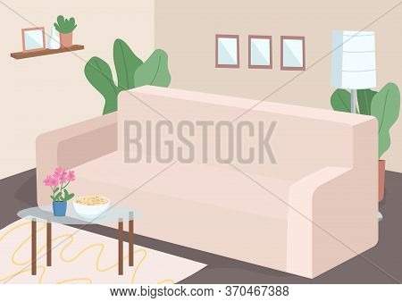 Couch For Family Leisure Flat Color Vector Illustration. Sofa In Livingroom During Day. Coffetable W