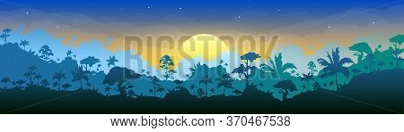 Jungle Flat Color Vector Illustration. Morning Forest Scenery. Panoramic Woods At Dawn. Tropical Sce