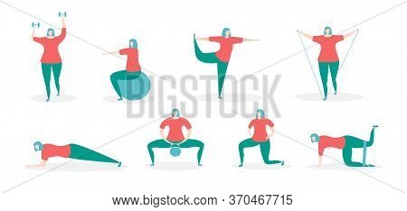 Woman Exercising With Fitness Equipment. Girl In The Different Training Positions. Working Out With 
