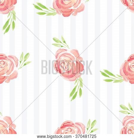 Hand-painted Watercolor Floral Rose Pattern. Illustration Of Decorative Floral Design For Wedding In