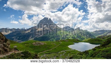 View Of Pic Du Midi Ossau And Ayous Lake In The French Pyrenees Mountains