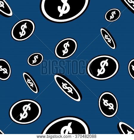 Us Dollar Symbol. Falling Coins. Endless Vector Pattern. Ornament On An Isolated Blue Background. Fl