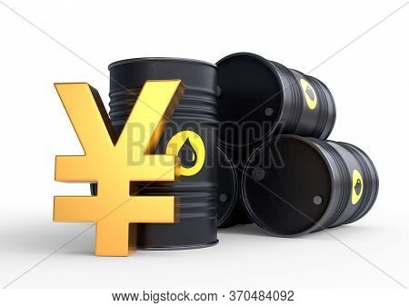 Barrel Of Oil And Golden Yen Sign On A White Background. Oil Prices Inflation. 3d Rendering Illustra