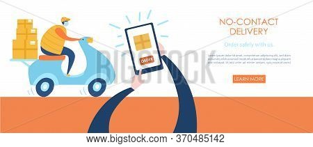 Contactless Delivery. Person Making Order Online And Receiving Boxes Near The Apartment Door. Non-co