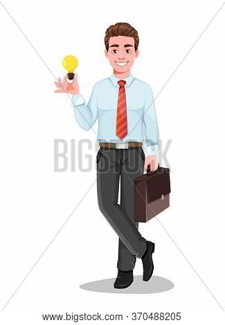 Successful Business Man Has A Good Idea. Handsome Businessman In Business Clothes. Cheerful Cartoon 