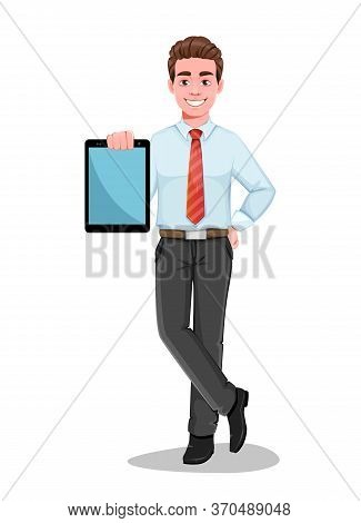 Successful Business Man Holding Modern Tablet. Handsome Businessman In Business Clothes. Cheerful Ca