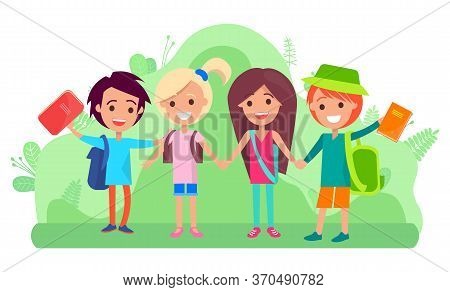 Group Of Students With Textbooks And Backpacks Standing Together And Holding Hands. Schoolkids With 