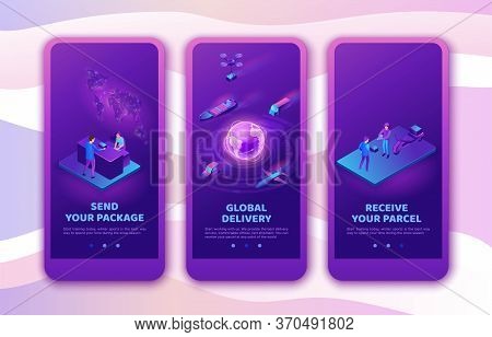 Isometric Delivery Service With Truck At Warehouse, Mobile App Template Set, Smart Logistics Company