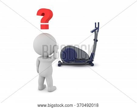 3D Character Looking Curious At Eliptical Bycicle