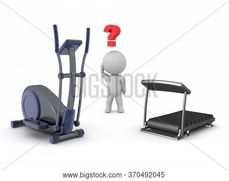 3D Character Trying To Choose Between Treadmill And Eliptical Bike