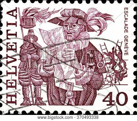 02 11 2020 Divnoe Stavropol Territory Russia The Postage Stamp Switzerland 1977 Folk Customs Escalad
