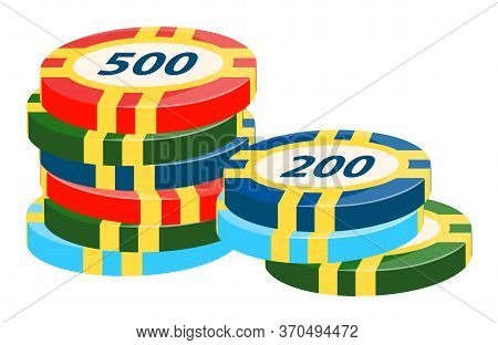 Playing On Money Vector, Isolated Chips Pile With Number On Top Flat Style. Gambling Casino Element,