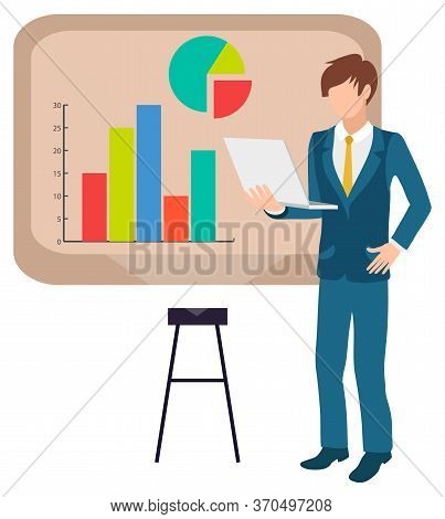 Guy And Investment Trades, Solution To Rich Benefit. Male Analyzing Financial Graphs And Charts On O