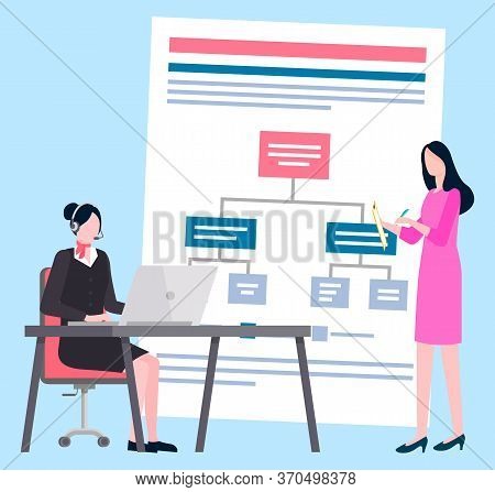 Businesswomen Or Office Workers, Scheme Or Infographic Vector. Work Strategy Or Graphic, Laptop And 