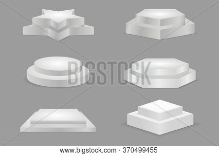 White Podiums. Round And Square 3d Empty Podium With Steps. Round And Square Empty Stages. Illustrat