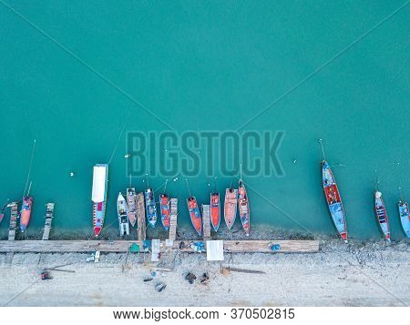 Aerial View Of Baan Tai Pier Or Huatean Pier At Phangan Island With Clear Blue Sky, Thailand