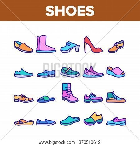 Shoes Footwear Shop Collection Icons Set Vector. Different Shoes Sneaker And Moccasin, Slippers And 