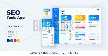 Seo Instruments App Screen Vector Adaptive Design Template. Search Engine Optimization Application D