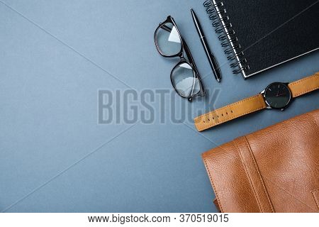 Men's Accessorises On Grey Background, Flat Lay. Space For Text