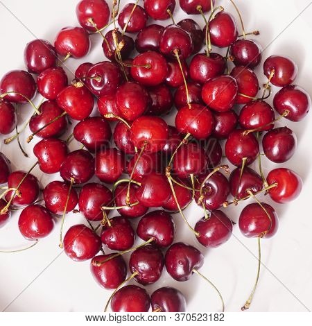 Top View Of A Lot Of Fresh Sweet Cherry Fruit Berries With Water Drops. Close-up On The White Backgr