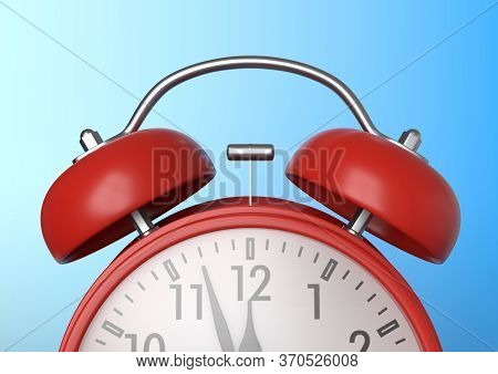Red Vintage Alarm Clock On Bright Blue Background In Pastel Colors. Minimal Creative Concept. Front 